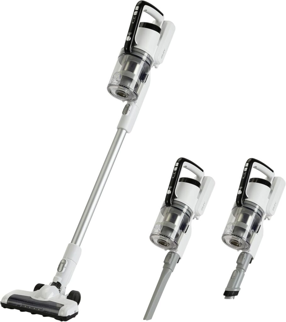 Aspirapolvere cordless Amazon Basics utilizzato su pavimento domestico